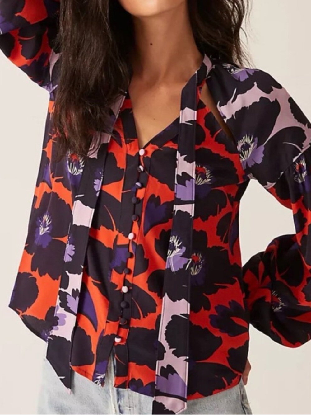 Anthropologie Maeve Porridge Silk Floral Puffed Sleeve Button Down Blouse Size L